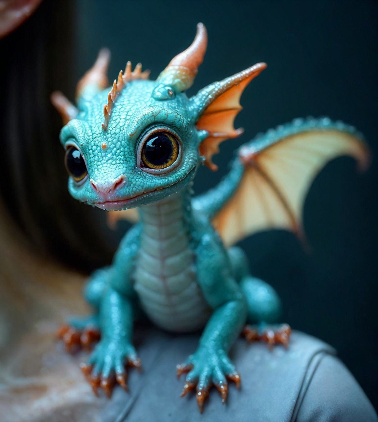 Small Turquoise Dragon Figurine with Wings and Eyes