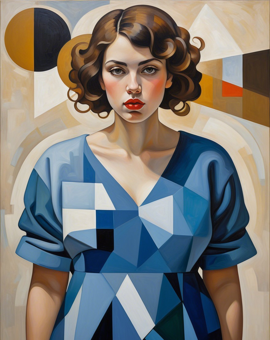 Woman in Geometric Dress with Abstract Background