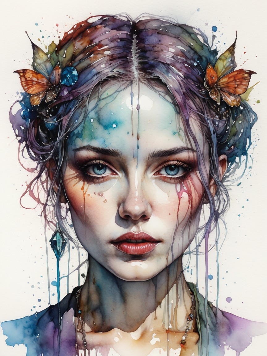 Watercolor Portrait of a Woman with Blue Eyes and Butterflies
