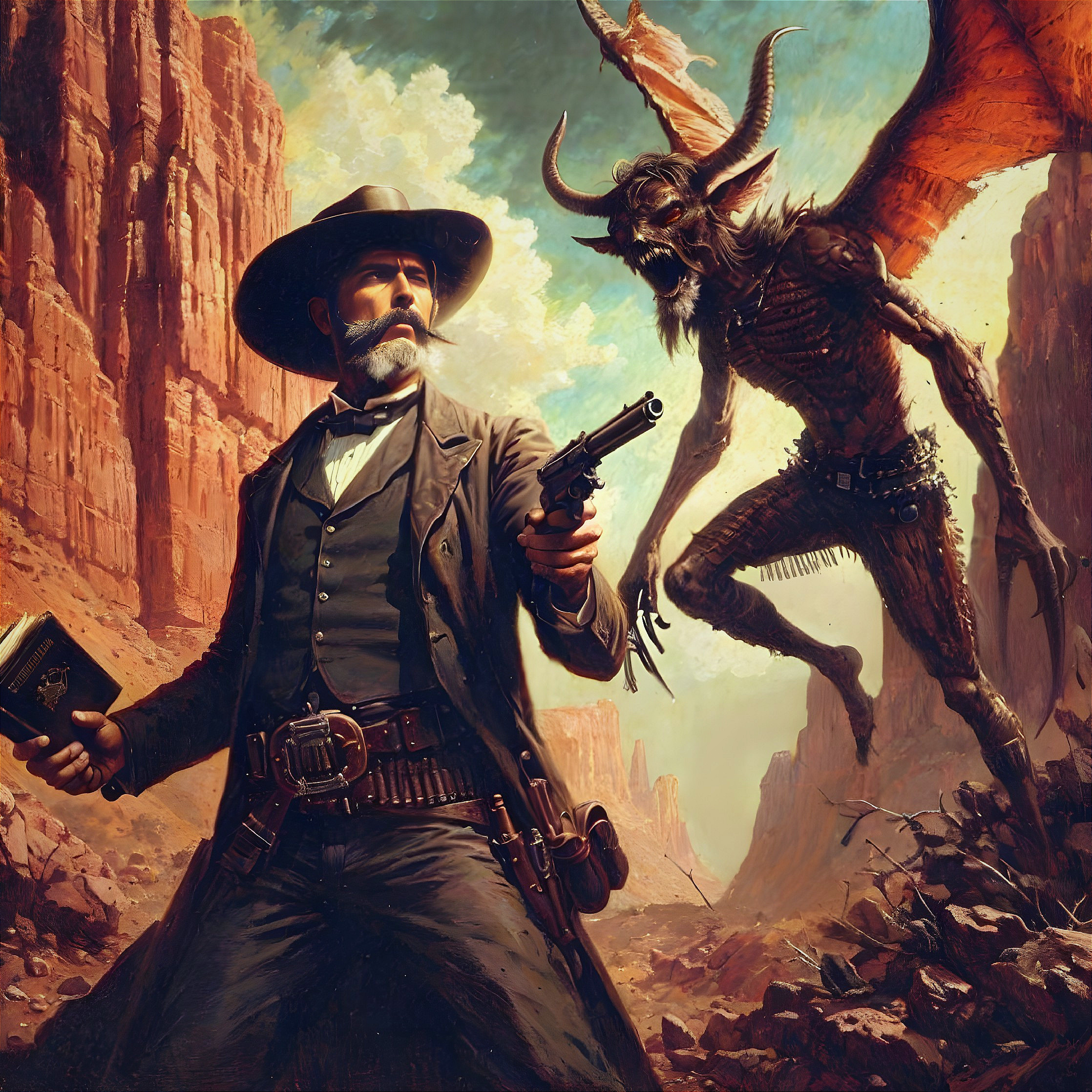 Cowboy Faces Winged Creature in Desert Canyon
