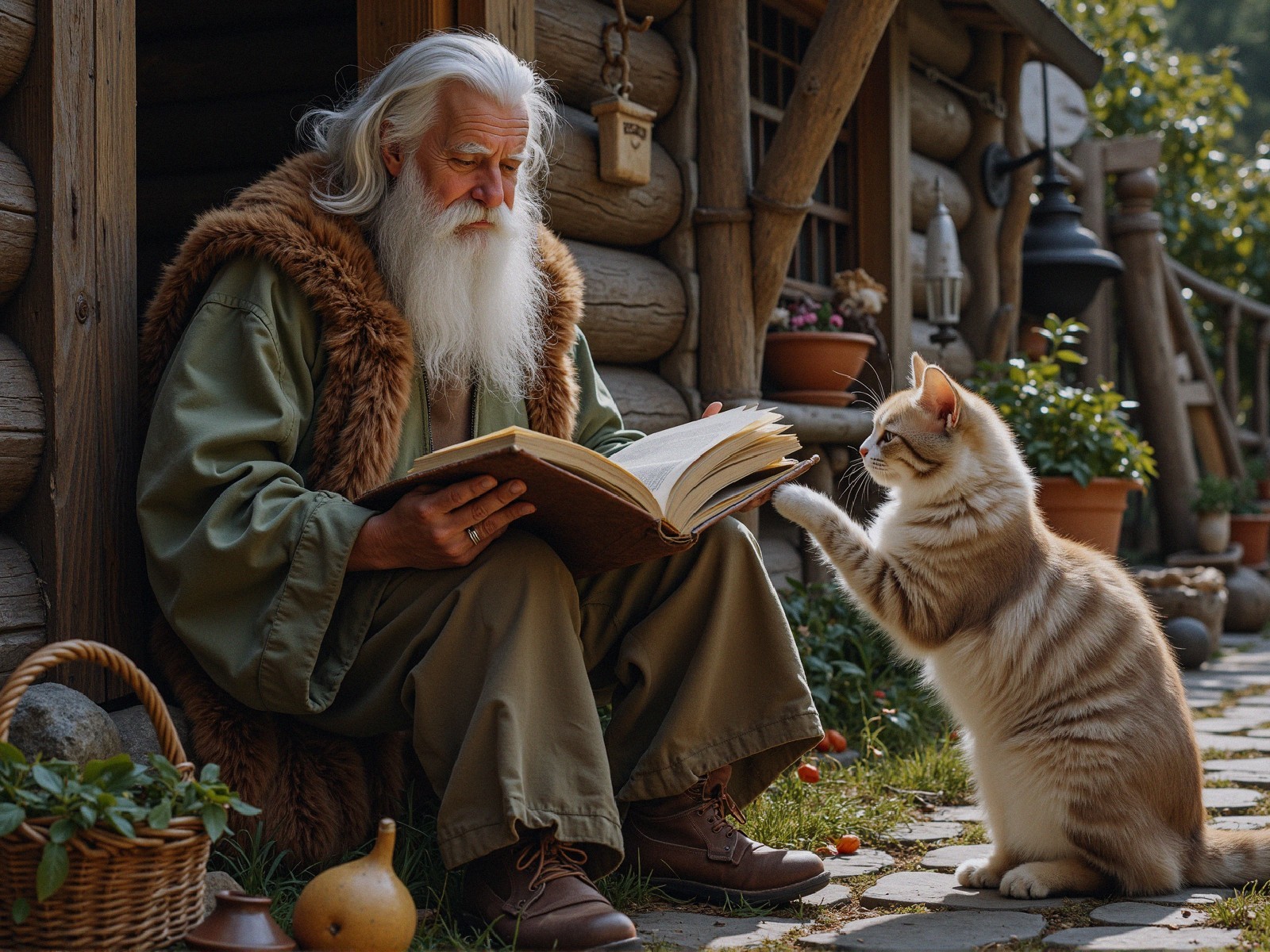 Elderly Man Reading on Rustic Porch with Cat
