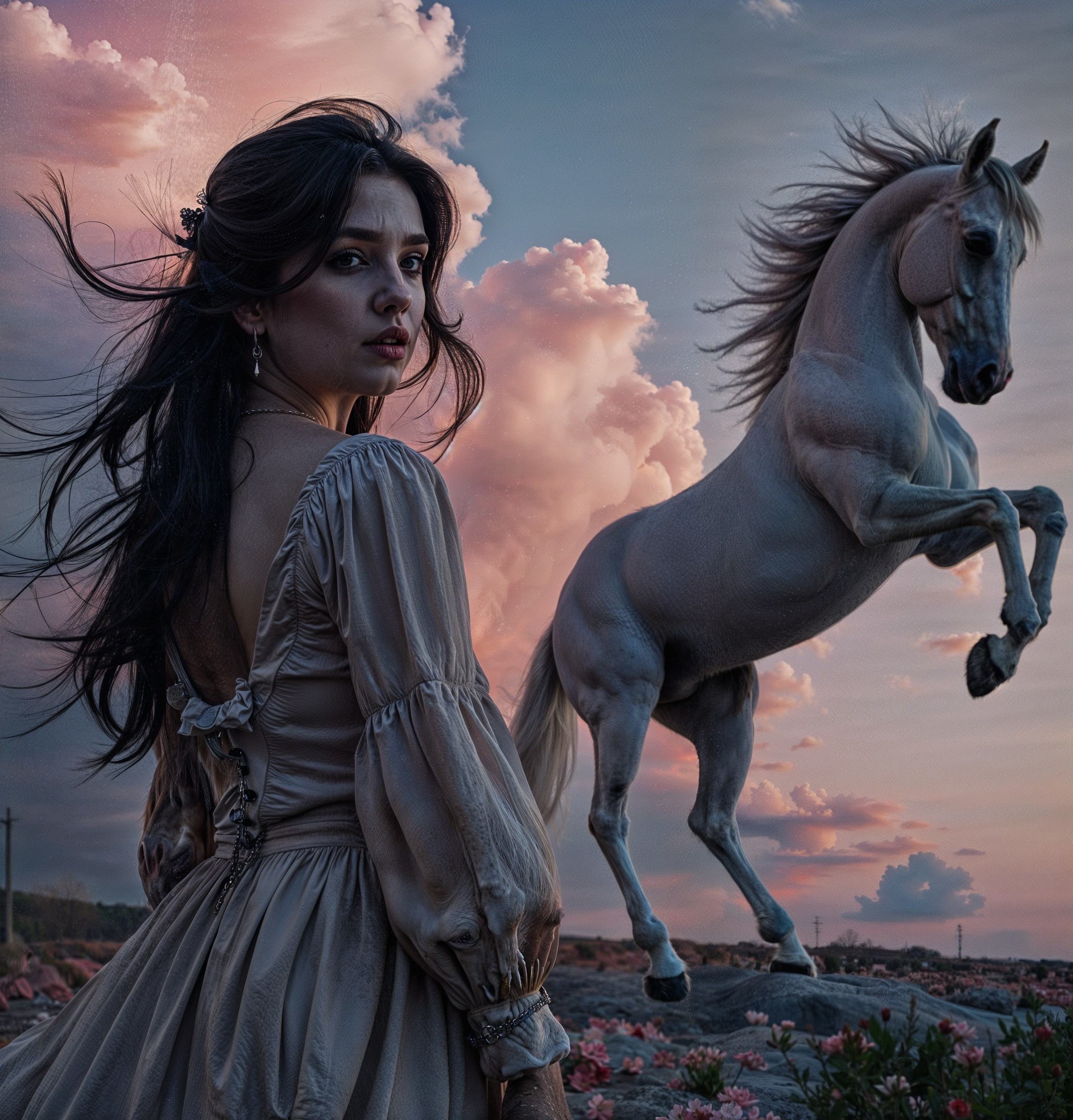 Young Woman in Vintage Dress with White Horse Under Sky