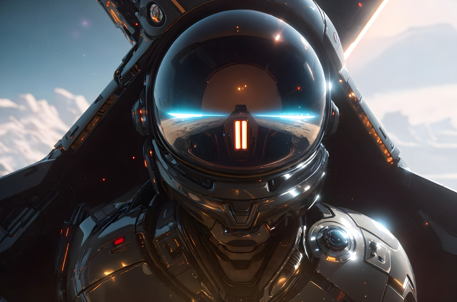 Futuristic astronaut in reflective helmet visor against starry sky