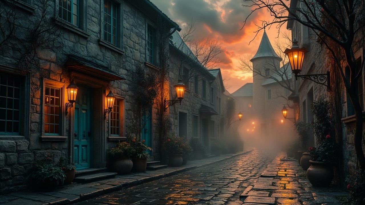 Historic Cobblestone Street at Sunset with Mist