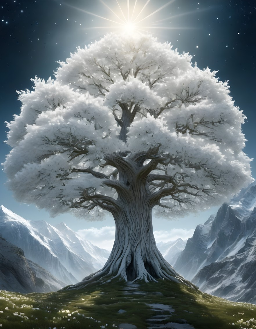 Majestic tree with glowing white leaves in starry sky landscape