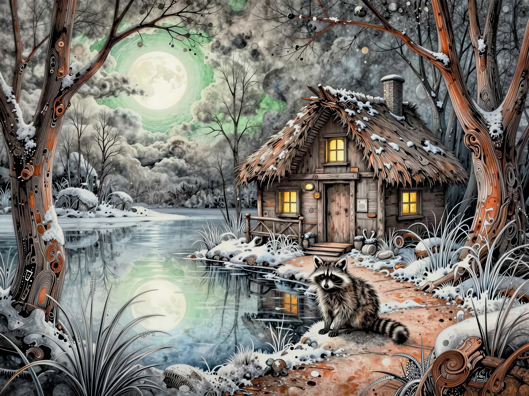Snowy Winter Night Watercolor with Raccoon and Cottage