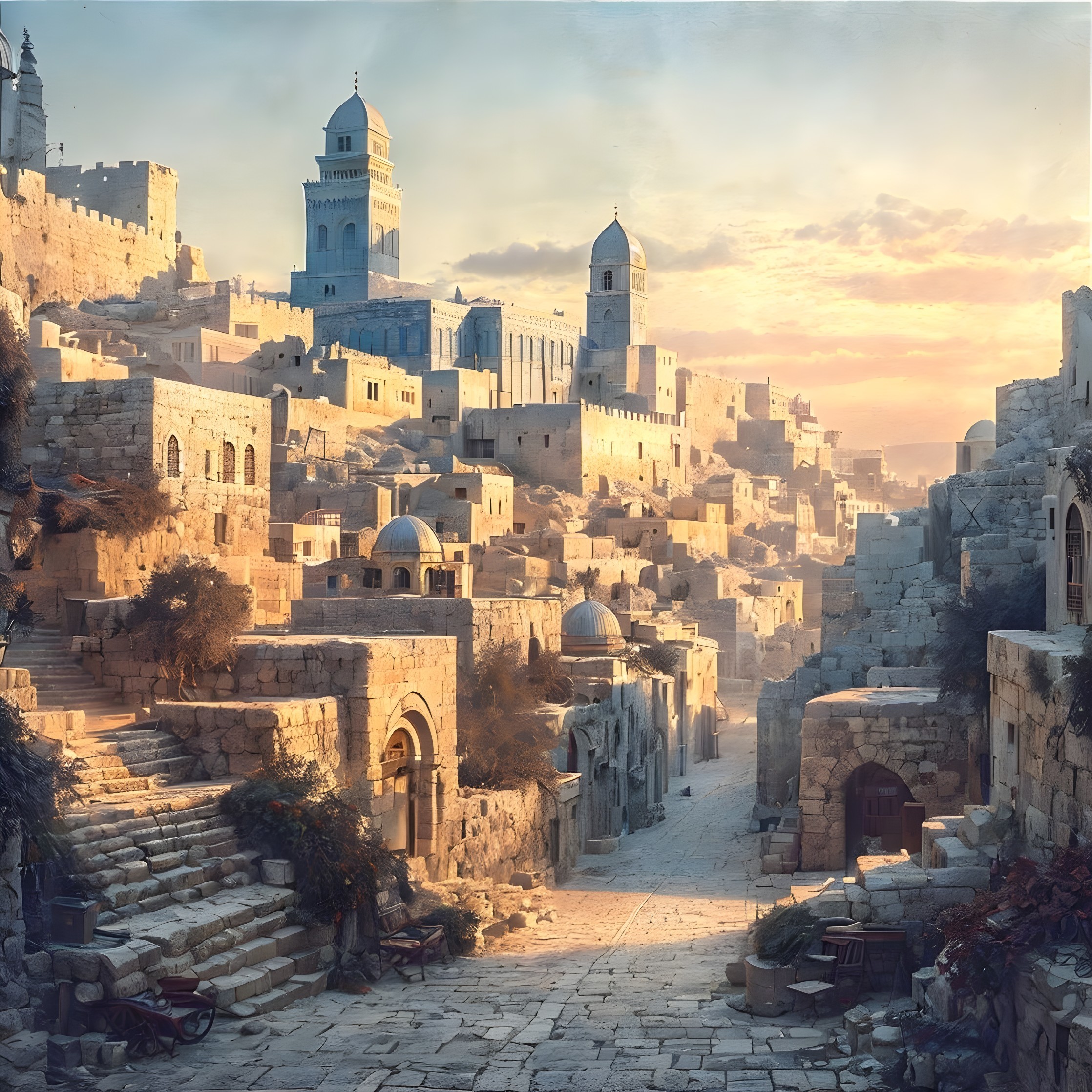 Ancient Cityscape at Sunset with Stone Buildings