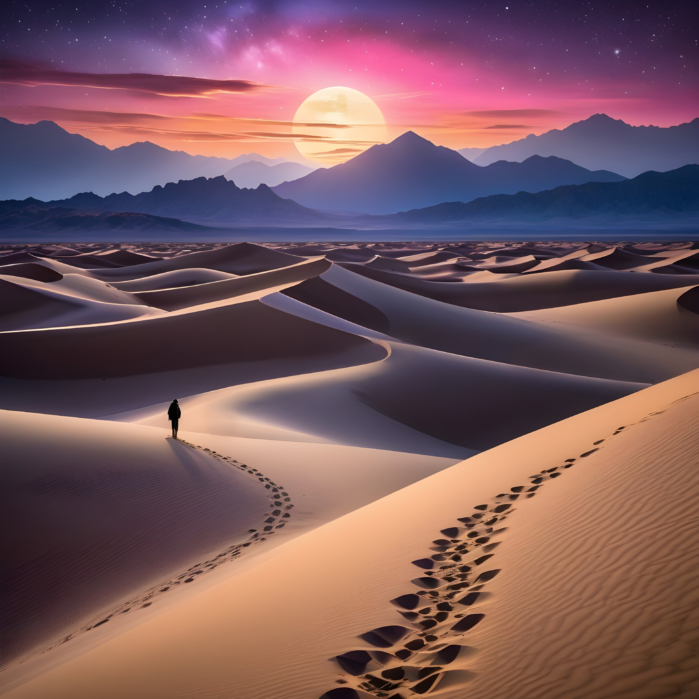Solitary Figure Walking on Dunes at Dusk