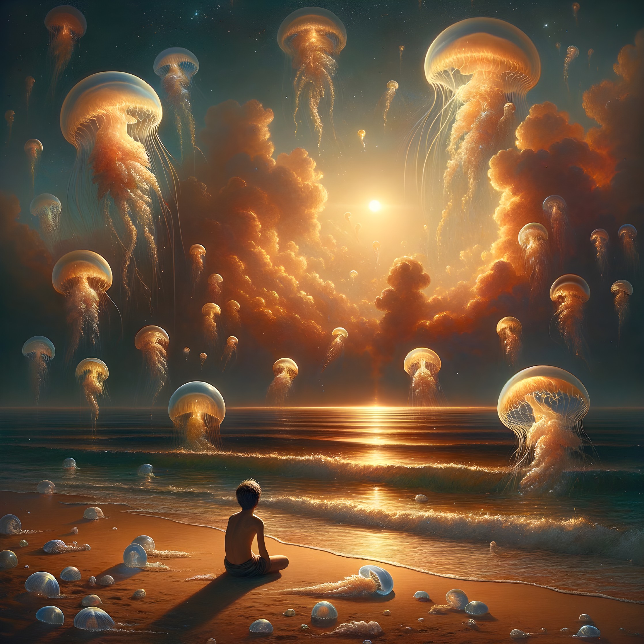 Person on beach at sunset with glowing jellyfish