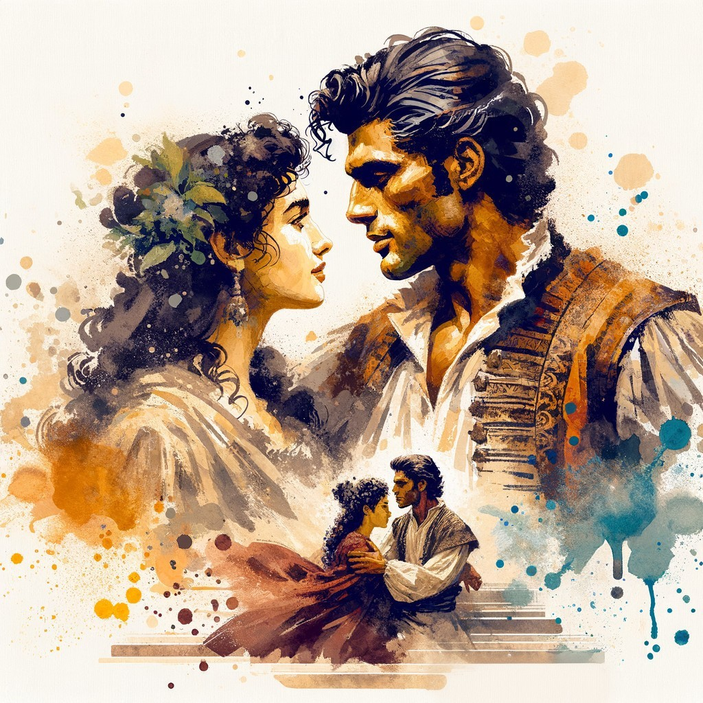 Romantic Watercolor Scene of Affectionate Couple