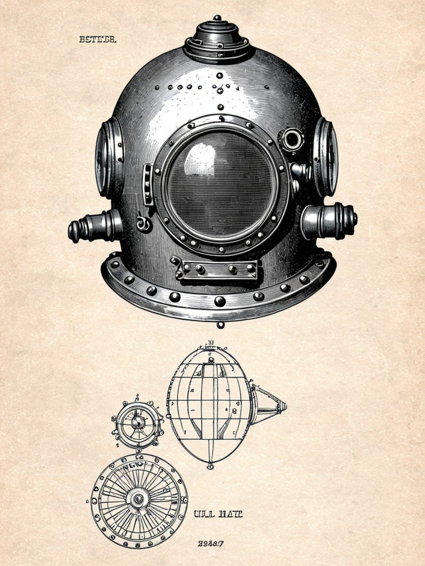 Vintage Diving Helmet Design with Blueprint Details