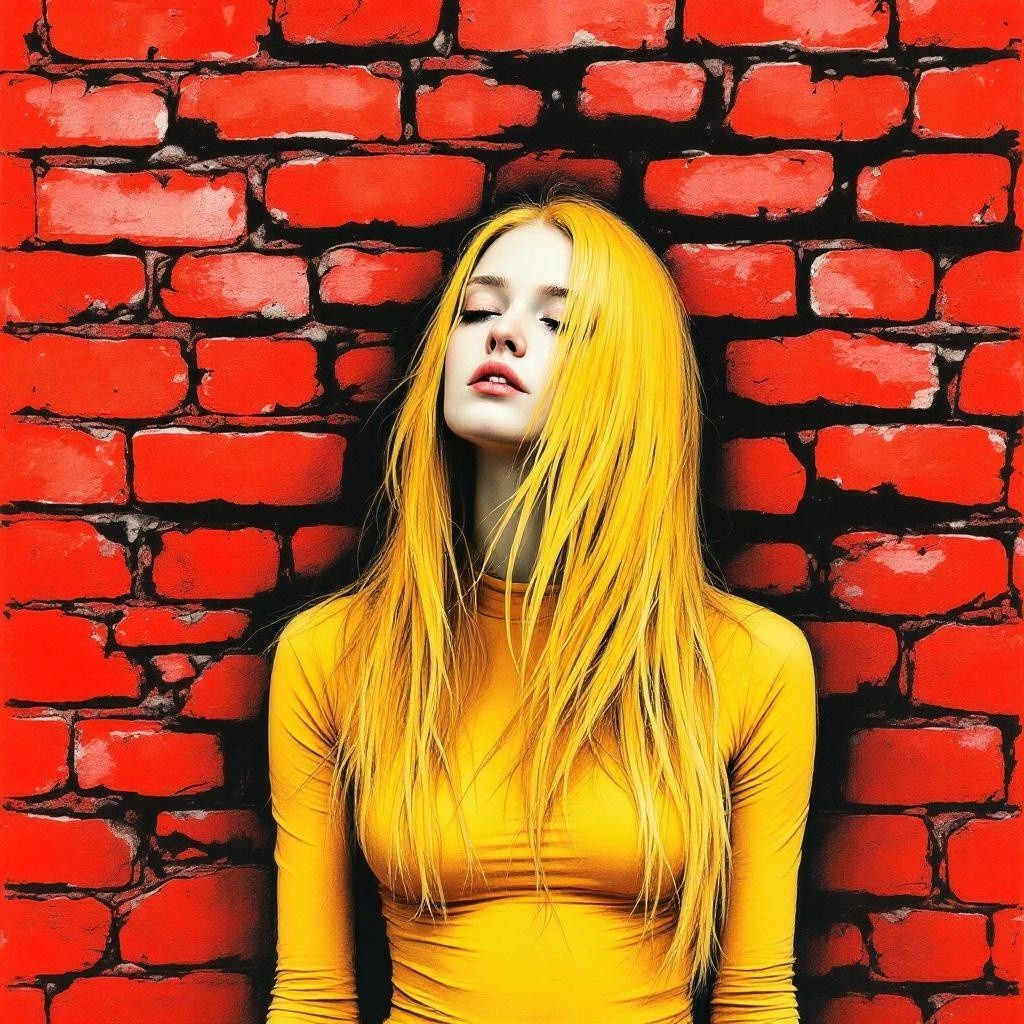 Young Woman with Yellow Hair Against Red Brick Wall