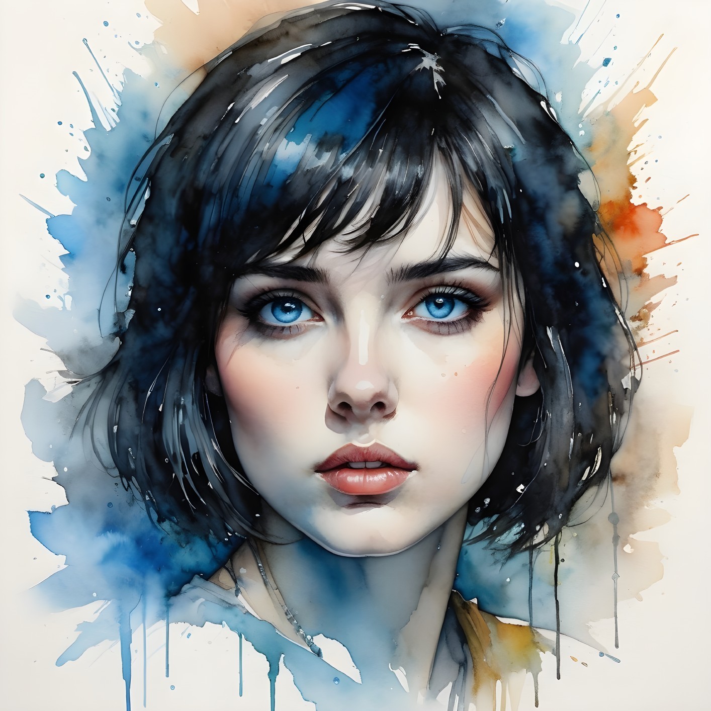 Watercolor Portrait of a Young Woman with Blue Eyes