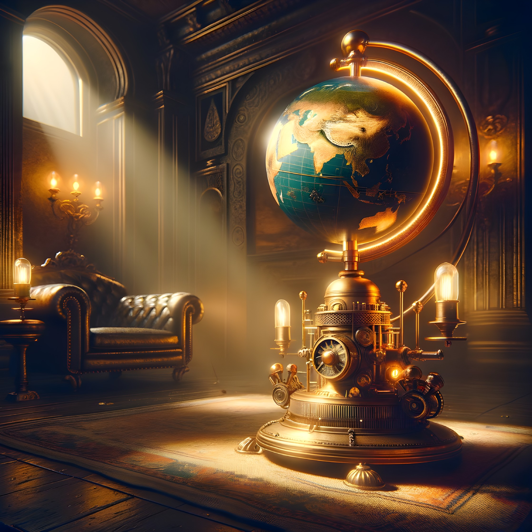 Vintage Room with Leather Armchair and Mechanical Globe