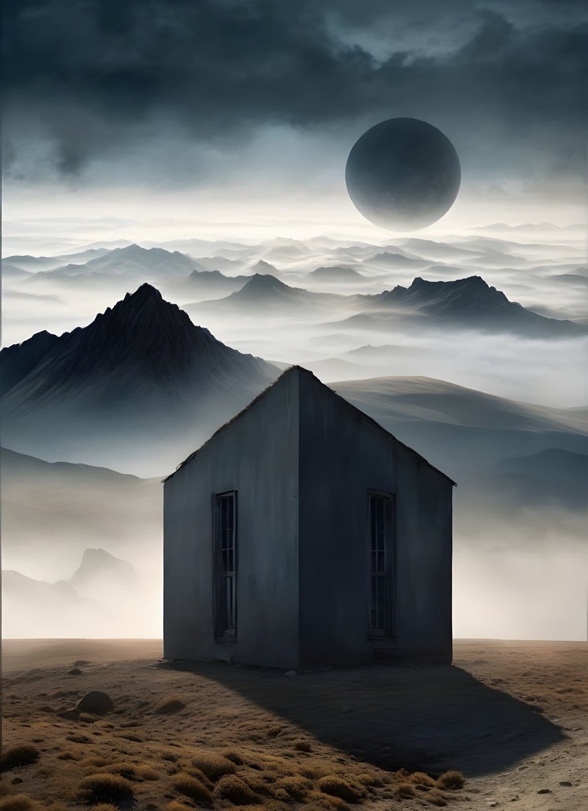 Derelict House in a Misty Mountain Landscape