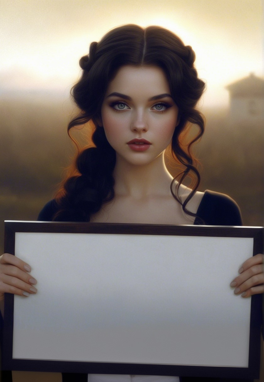Young Woman with Frame in Ethereal Sunset Setting