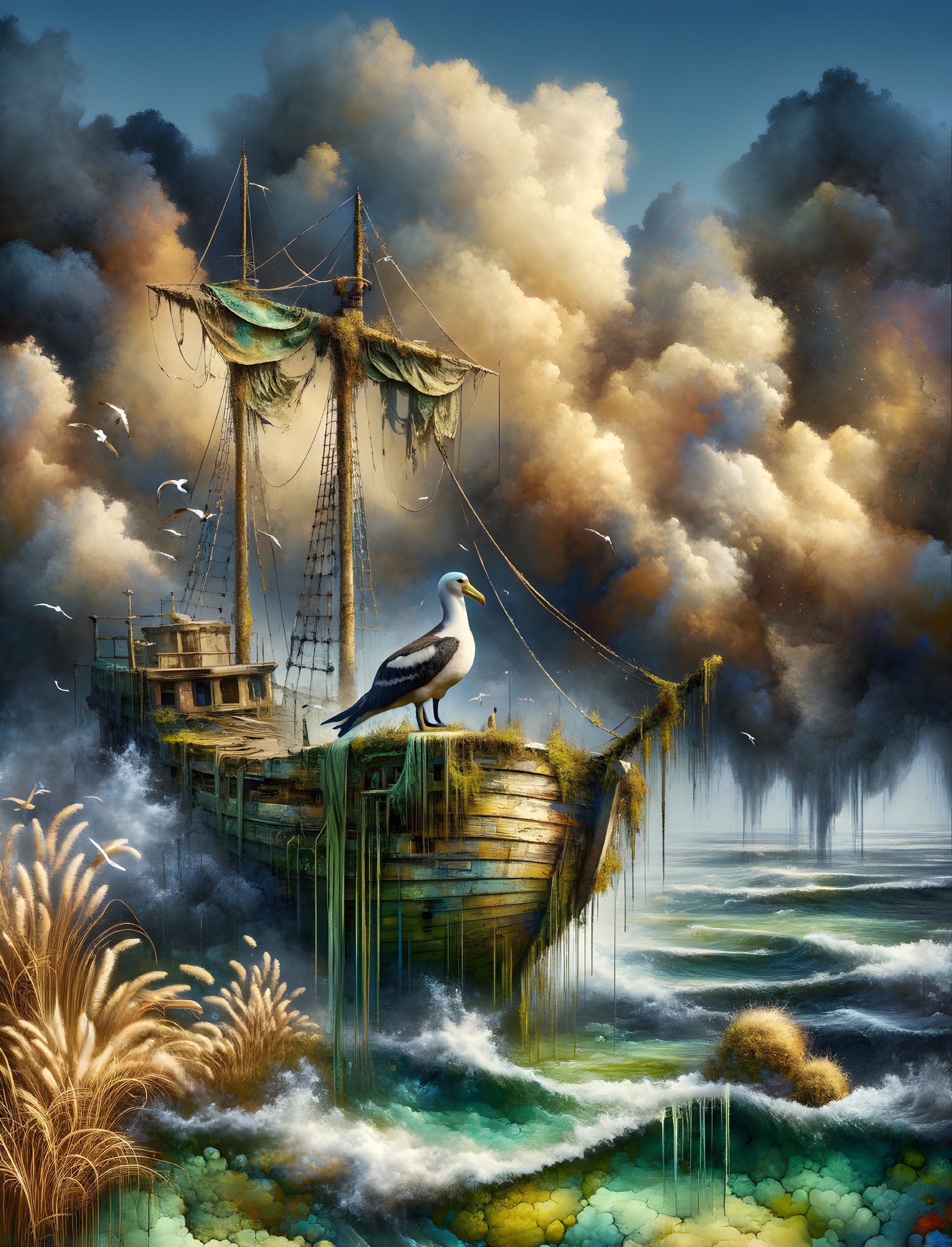 Old sailing ship on misty grass landscape under sky