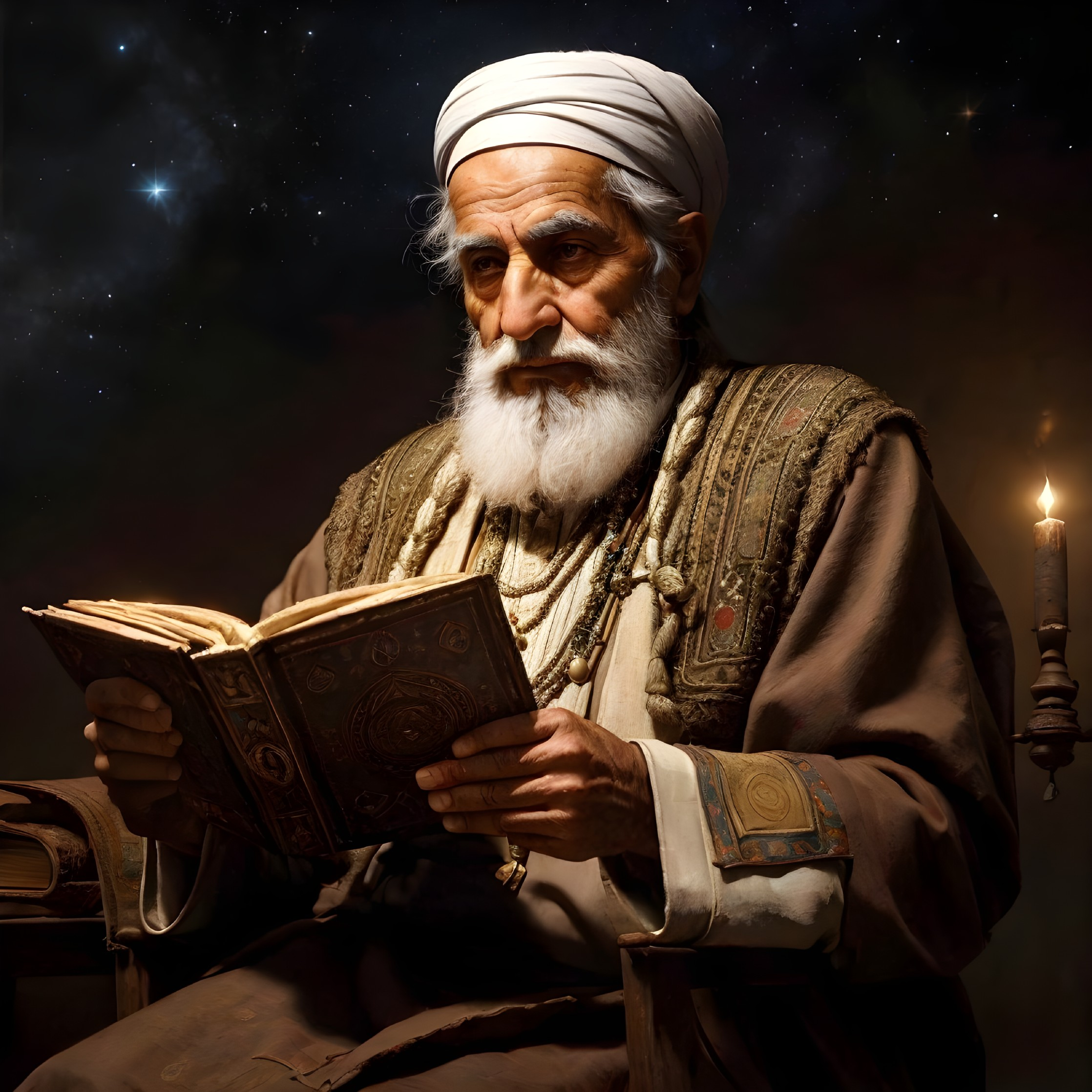 Elderly man reading old book by candlelight under stars