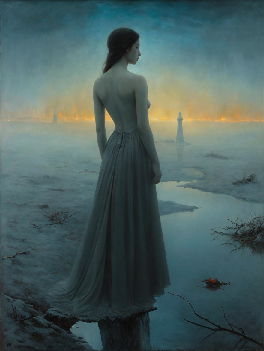 Solitary Figure in Ethereal Gown Amid Misty Landscape