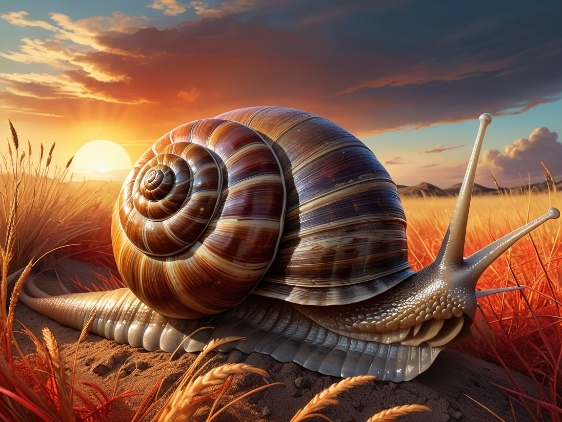Detailed Snail on Sandy Surface at Sunset