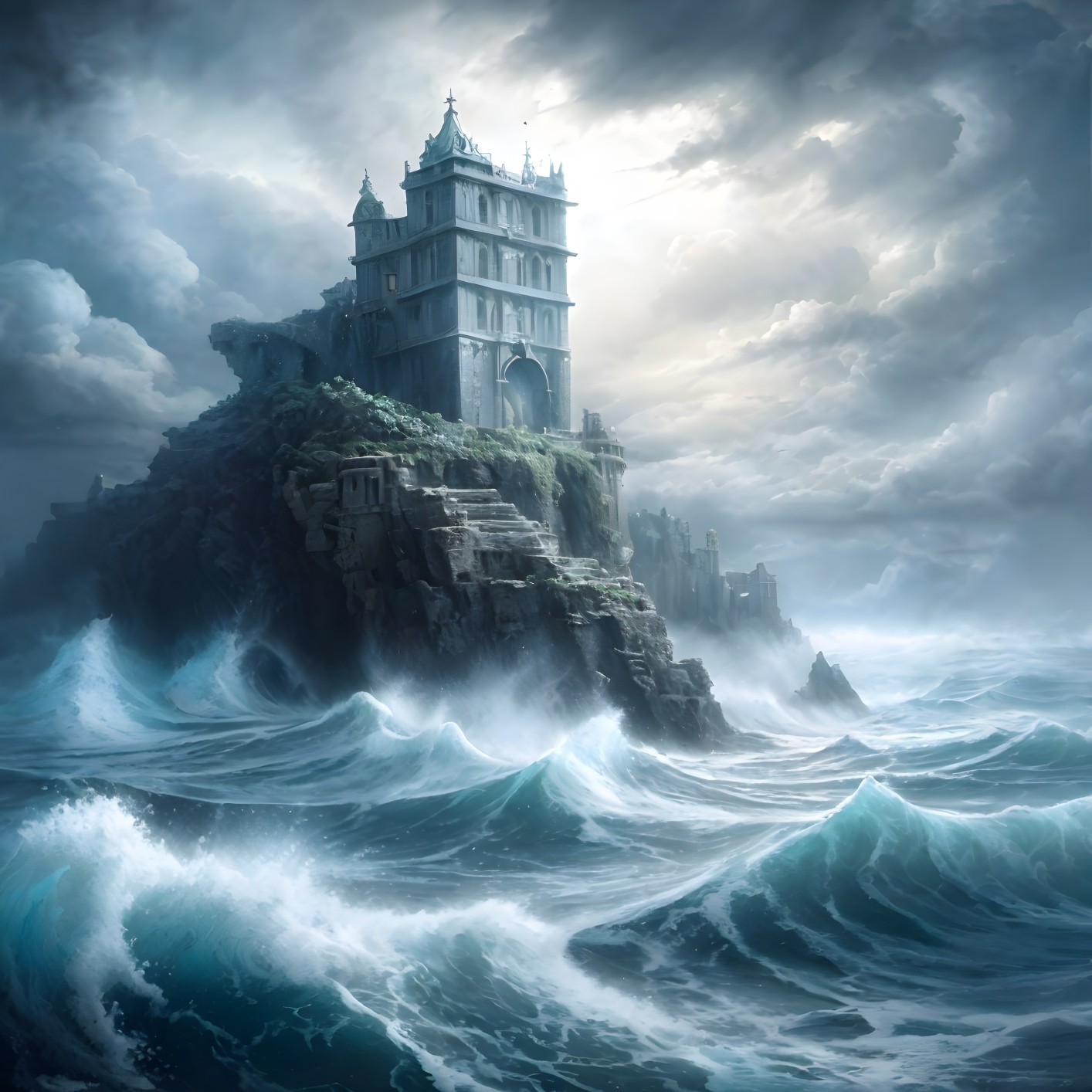 Castle on Cliff Surrounded by Ocean Waves and Clouds