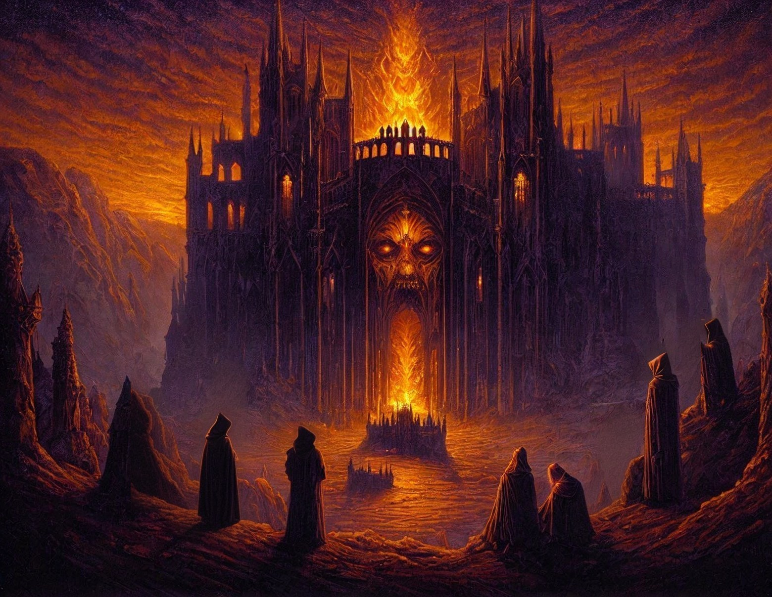 Dark Castle with Skull Face and Fiery Sky