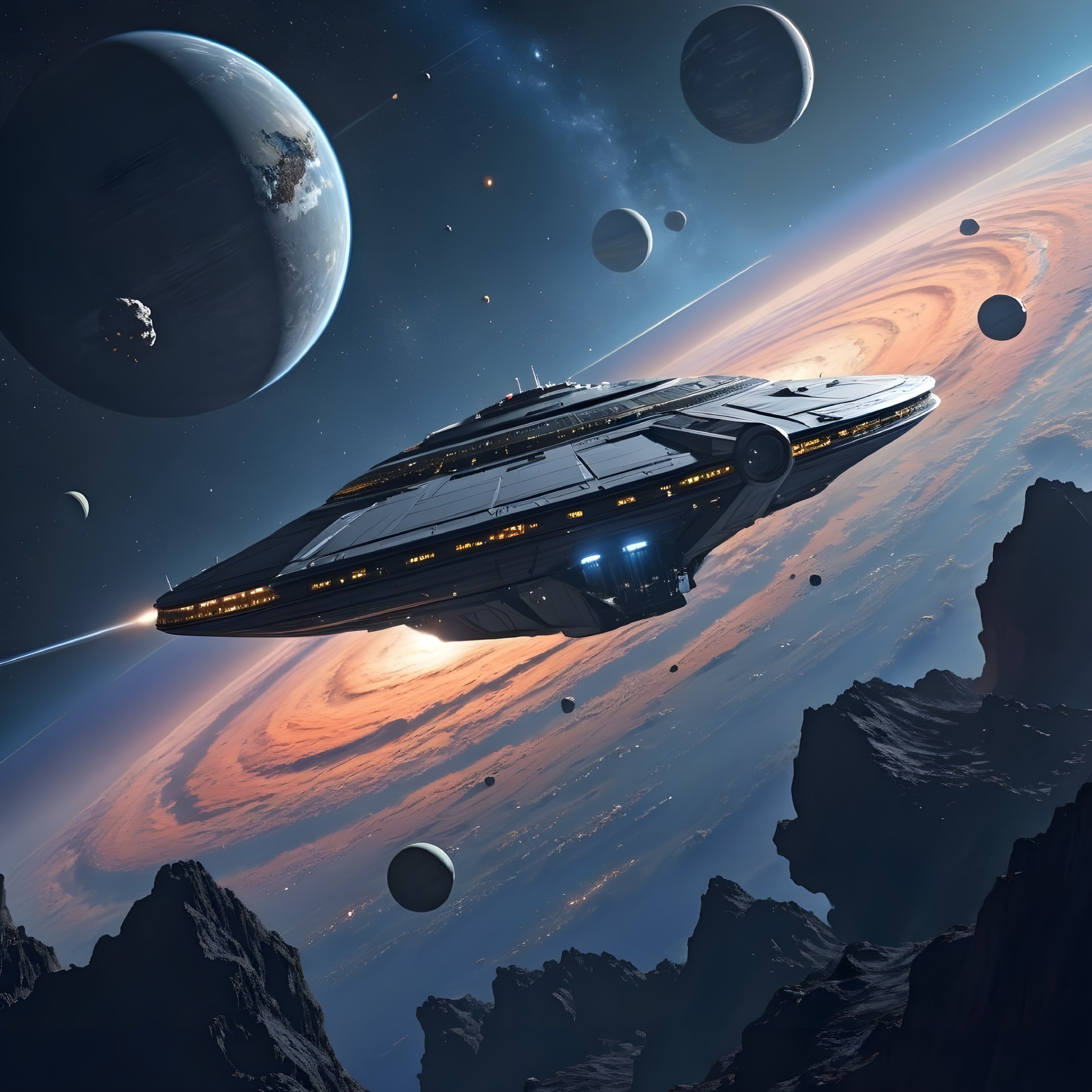 Futuristic Spaceship Surrounded by Vibrant Cosmic Elements