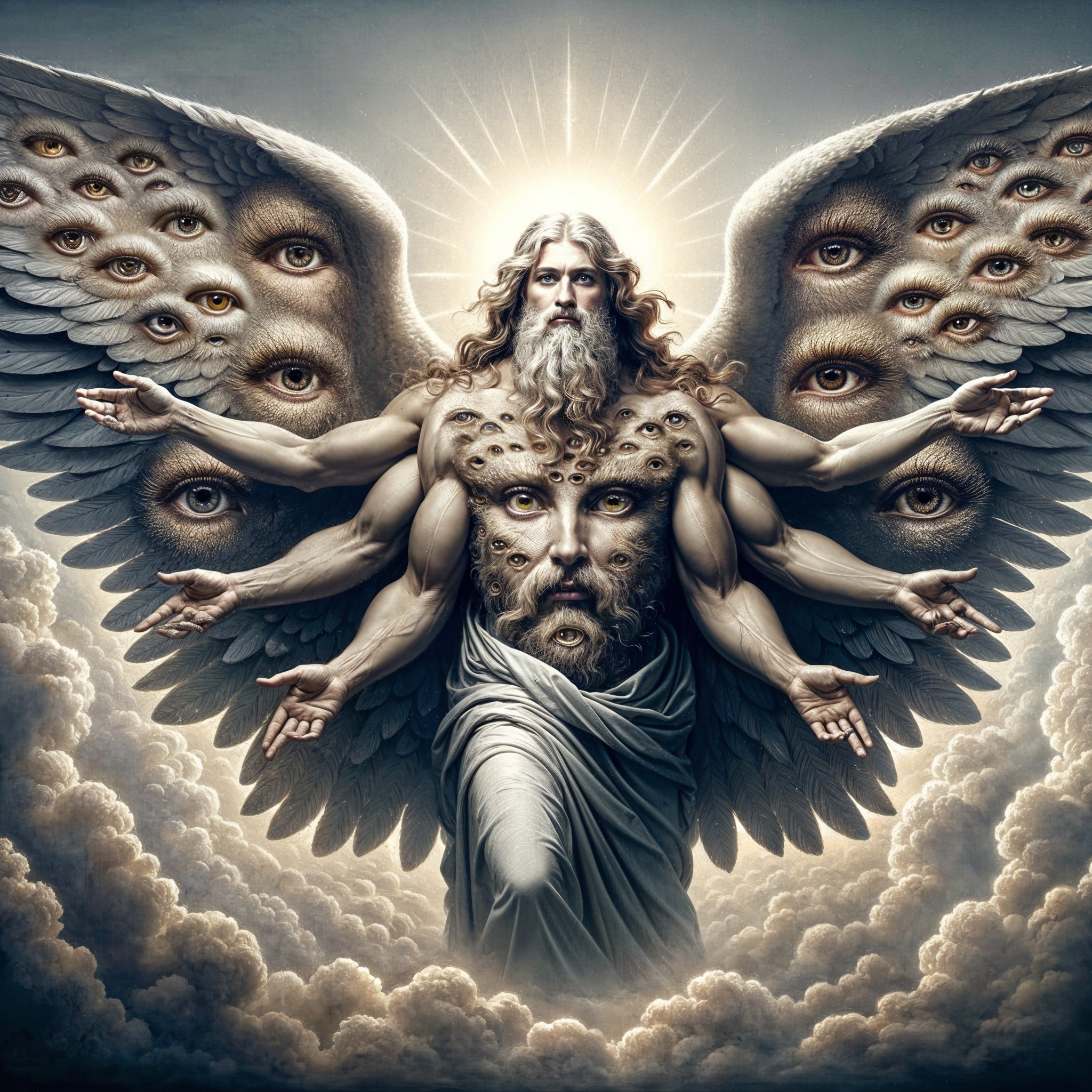 Divine figure with multiple faces and sweeping wings