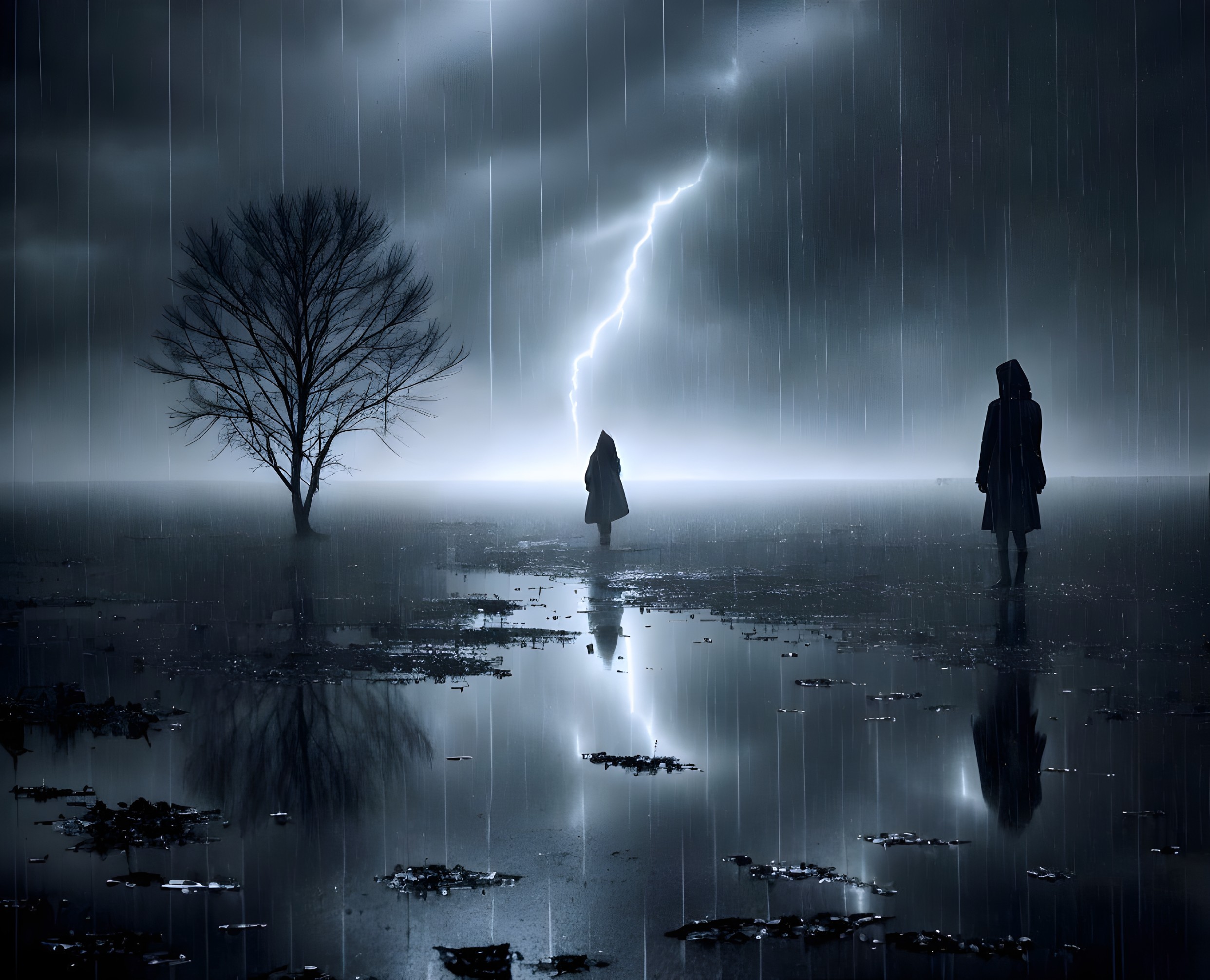 Stormy Scene with Cloaked Figures and Lightning