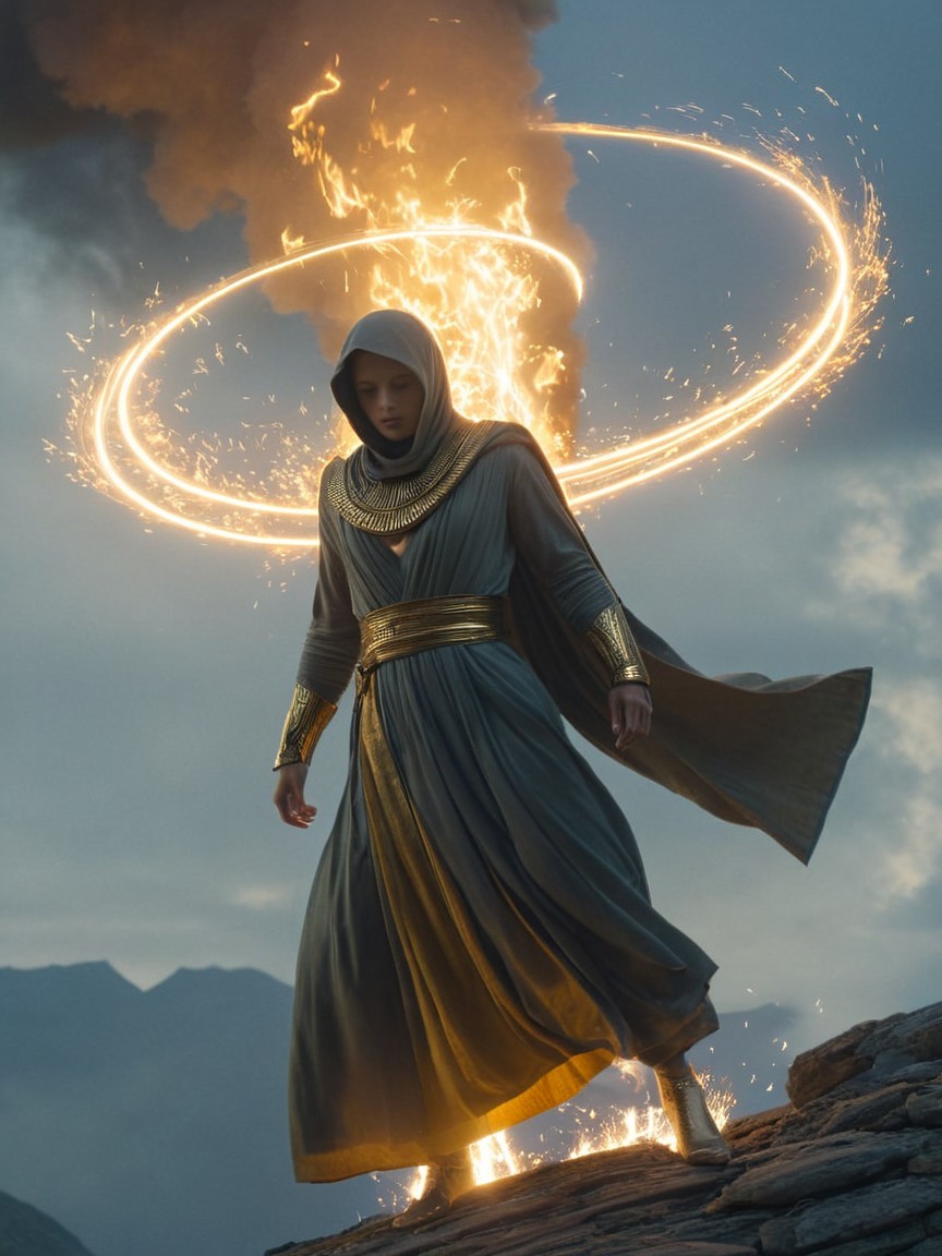 Mystical Figure in Gray Garment with Fiery Halo