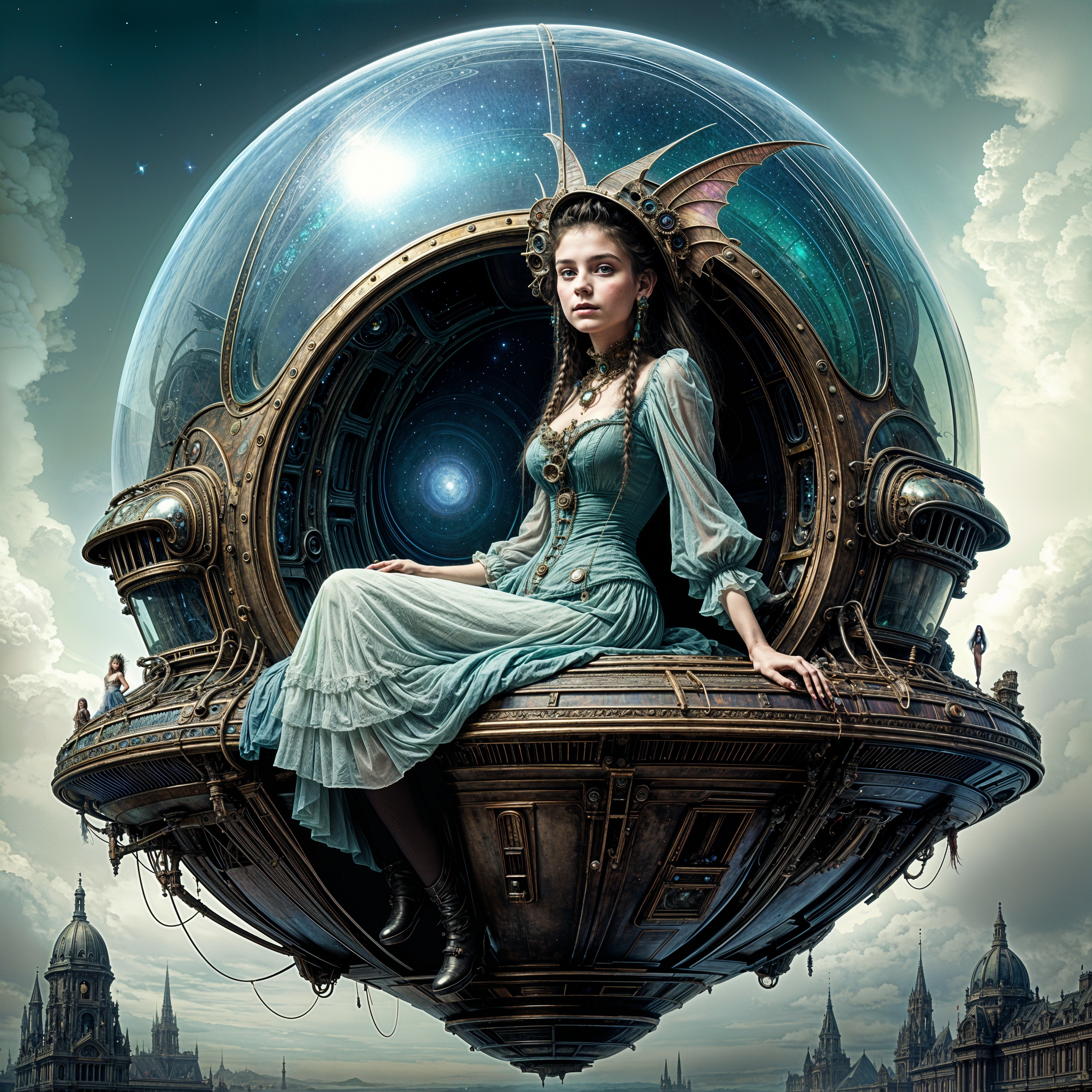 Young woman in vintage dress on steampunk vessel