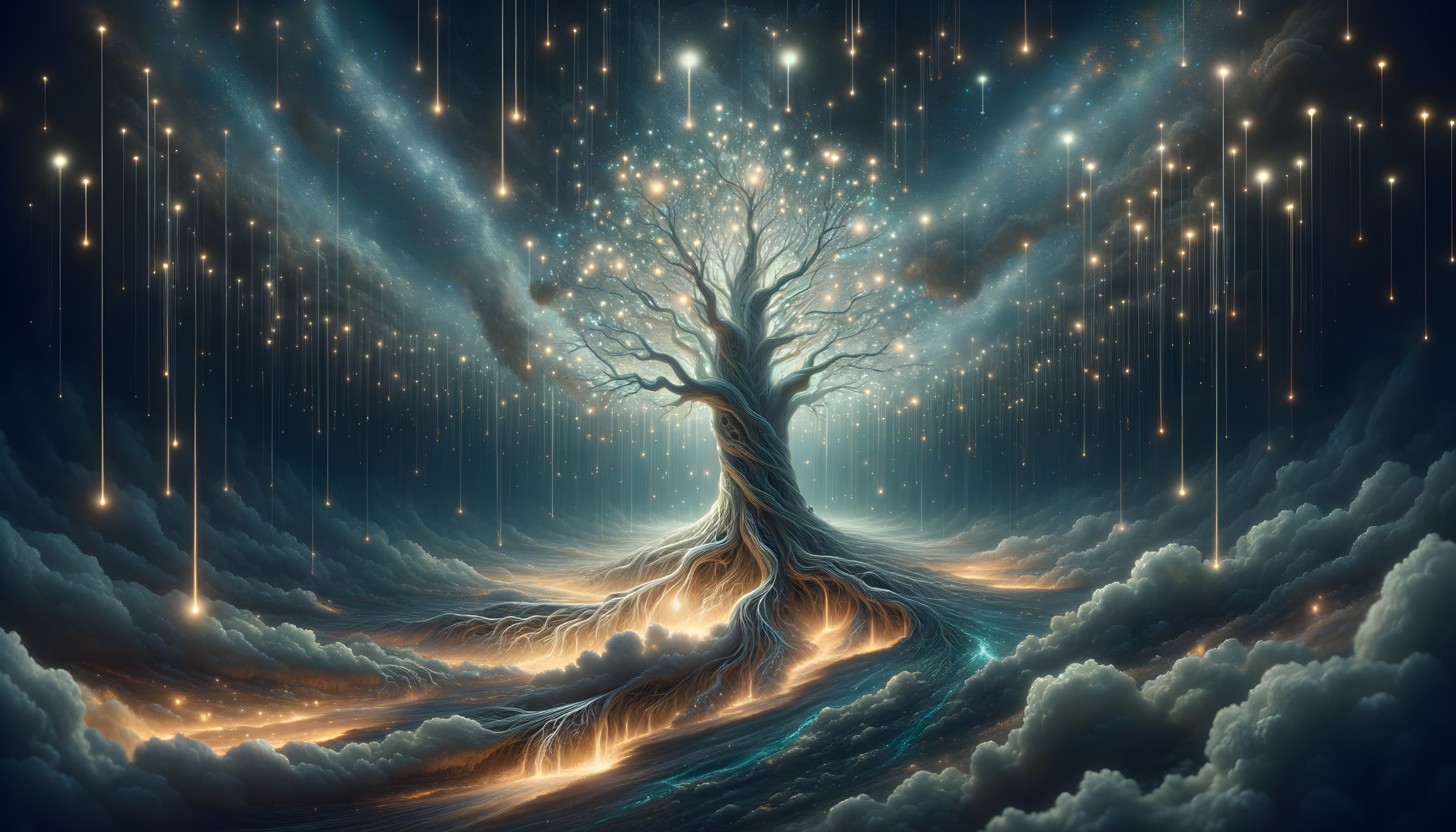 Majestic tree with luminous leaves in celestial setting