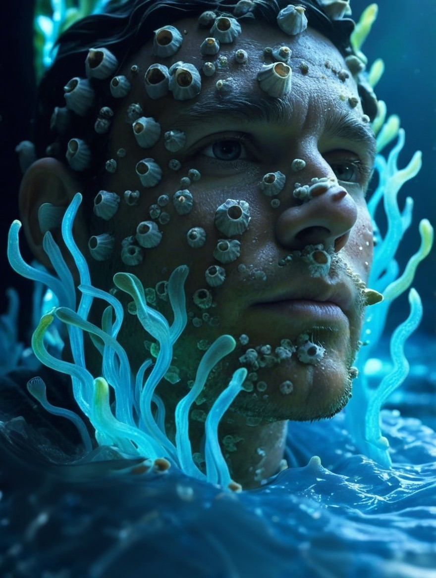Portrait of a man submerged in water with seashells