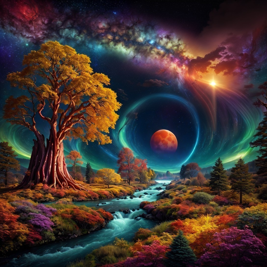 Surreal Landscape with Oversized Tree and Cosmic Sky