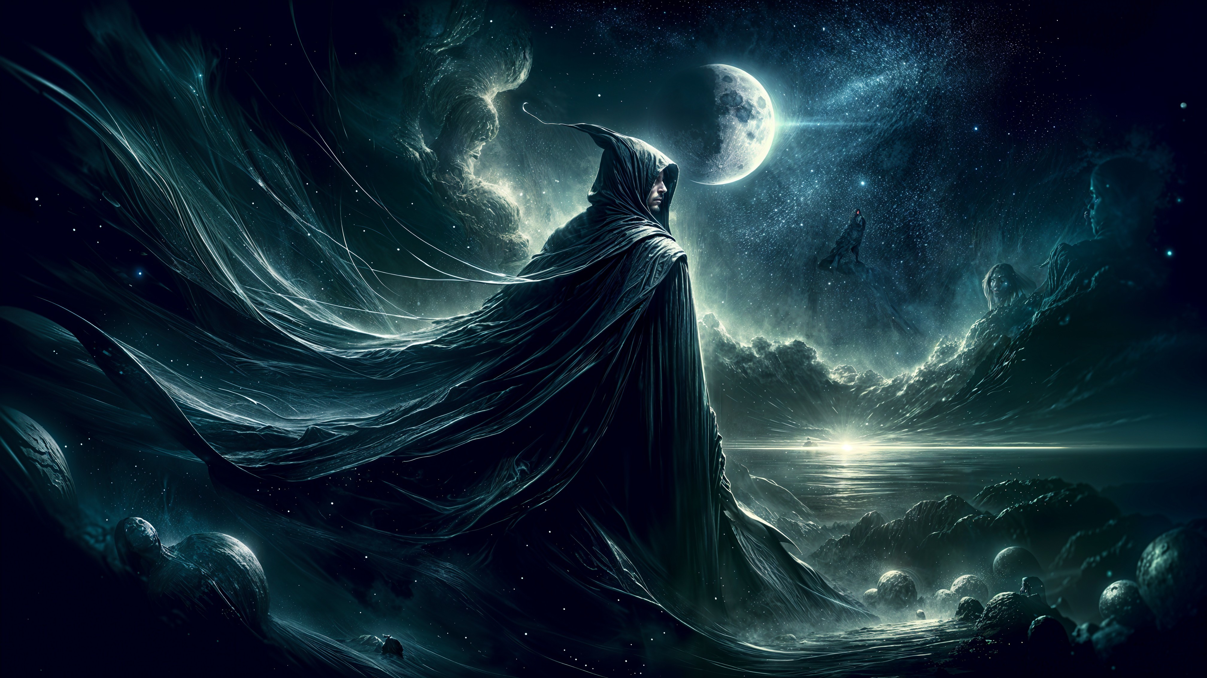 Cloaked Figure on Rocky Shore Under Starry Sky