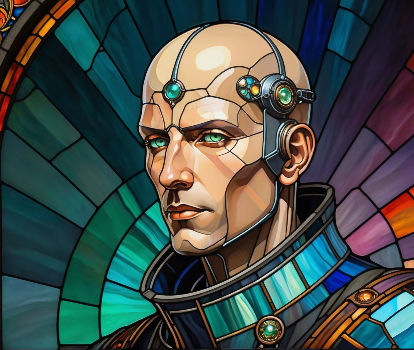 Stained Glass Portrait of Futuristic Male Figure