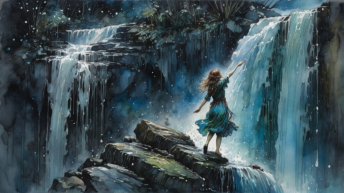 Young woman by cascading waterfalls in lush greenery