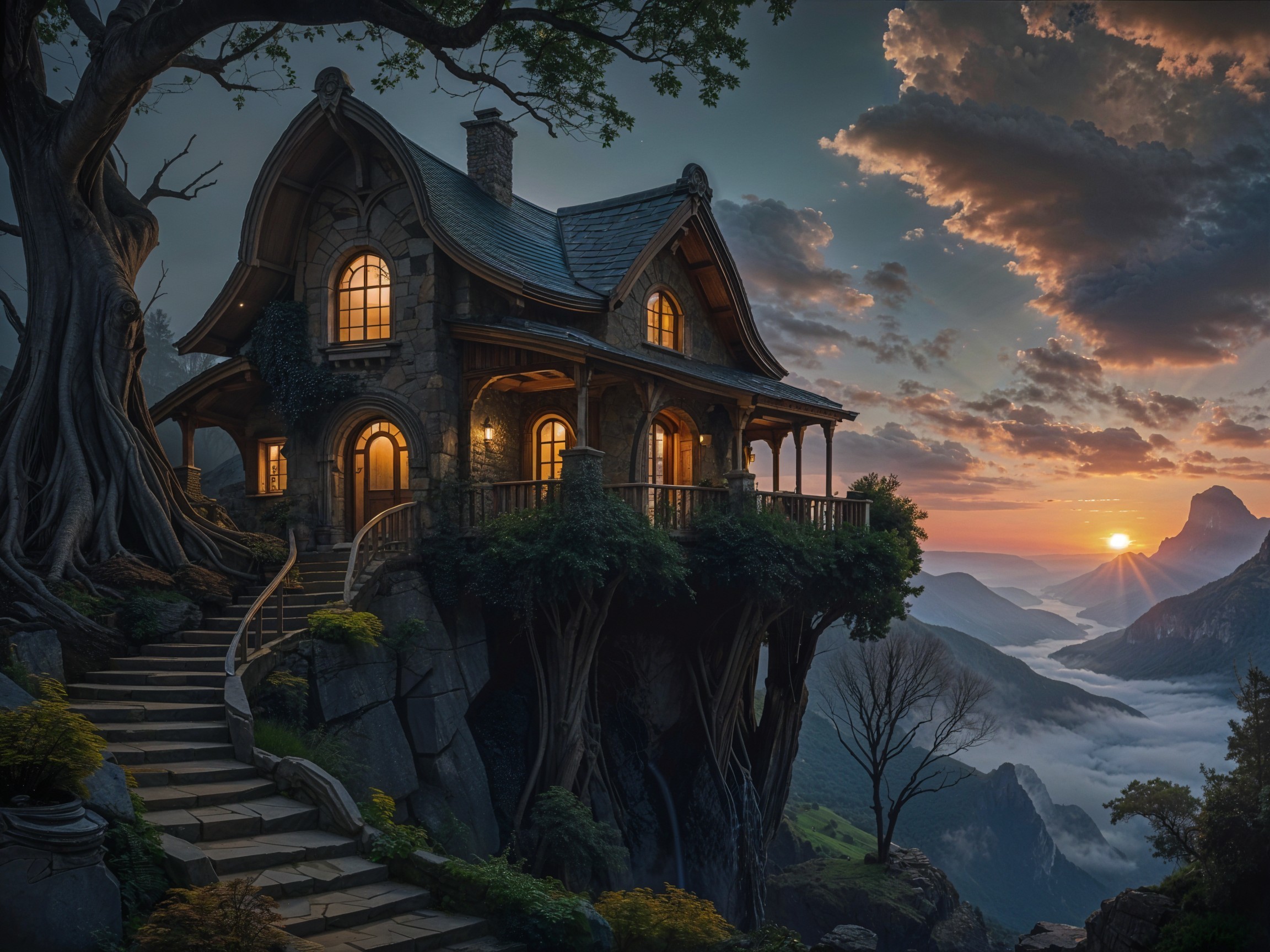 Whimsical House on Rocky Cliff with Sunset View