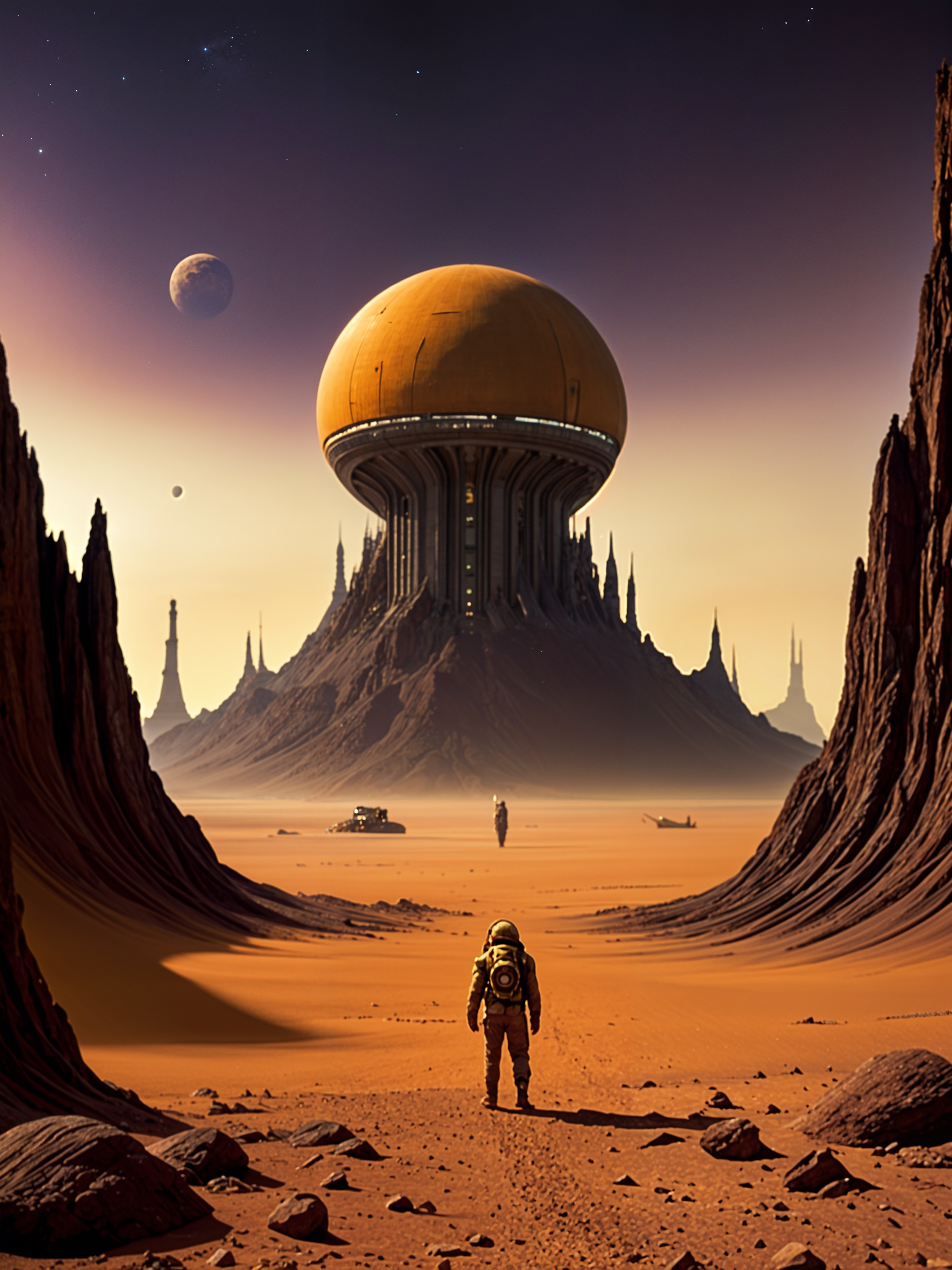 Astronaut in a Barren Landscape Under Cosmic Sky