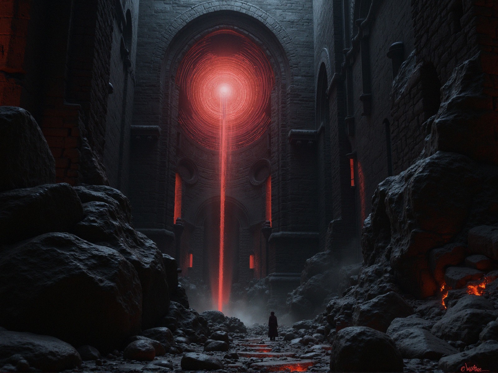 Dark Fantasy Painting of a Crumbling Ancient City Street