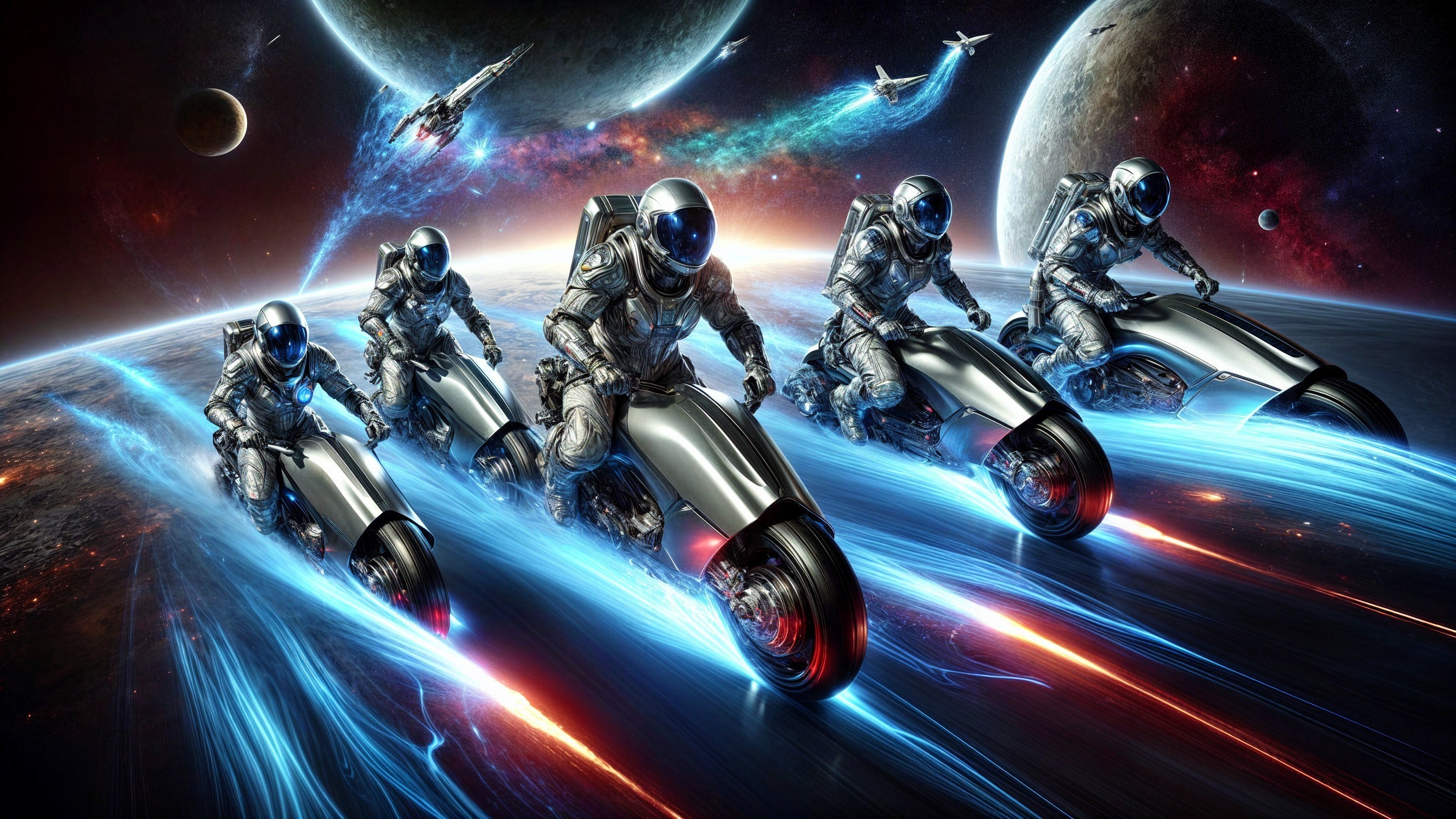 Futuristic Riders on Motorcycles in Cosmic Landscape