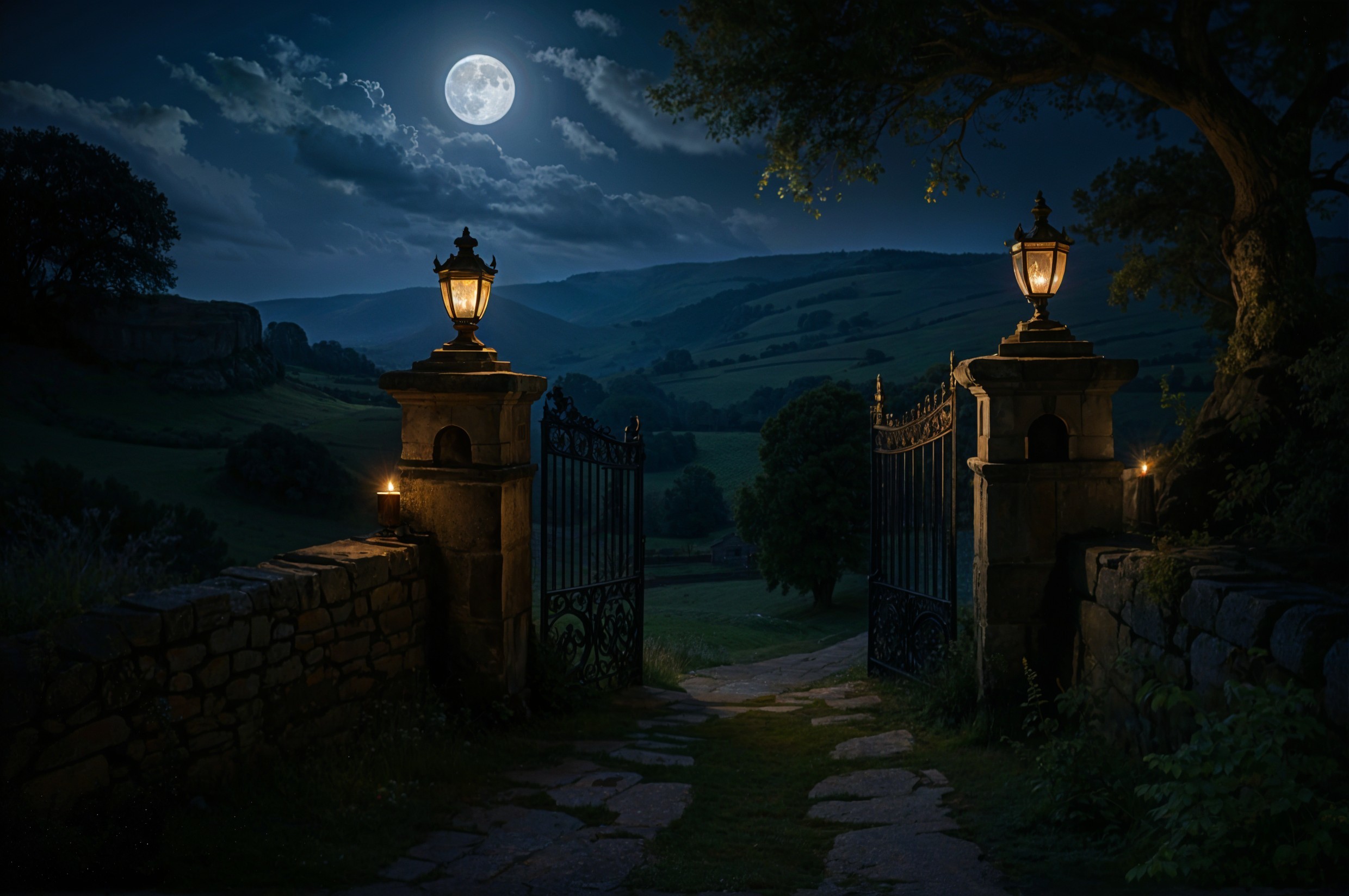 Serene Nighttime Scene with Ornate Iron Gate and Moonlight