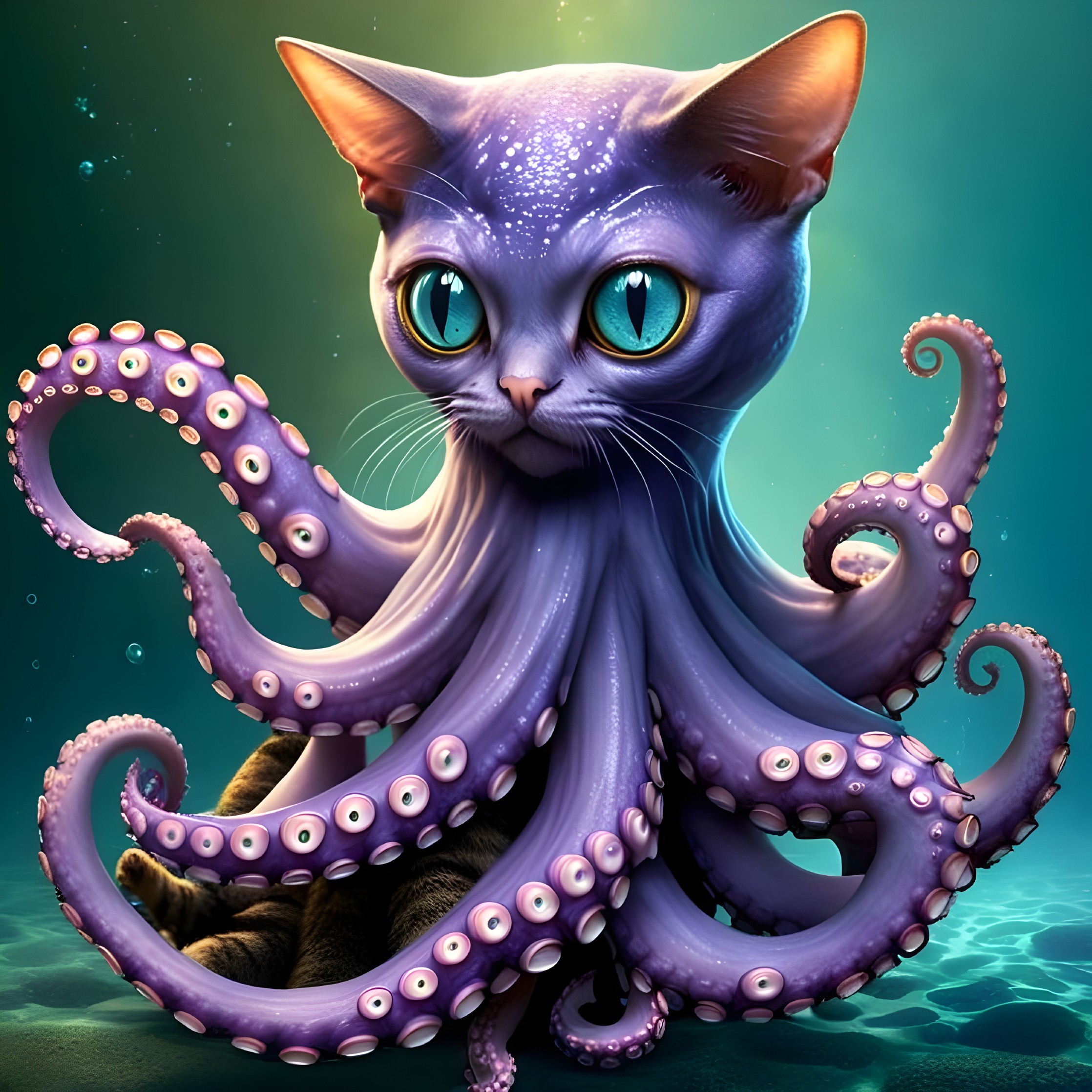 Whimsical Cat-Octopus Creature with Tentacles and Colors