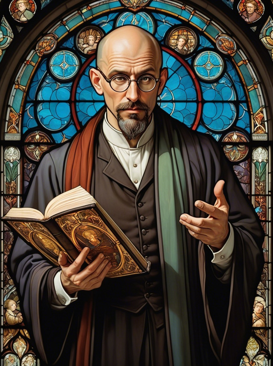 Scholarly Figure in Front of Stained Glass Window