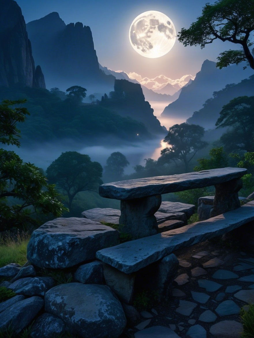 Serene Dusk Landscape with Full Moon and Mountains