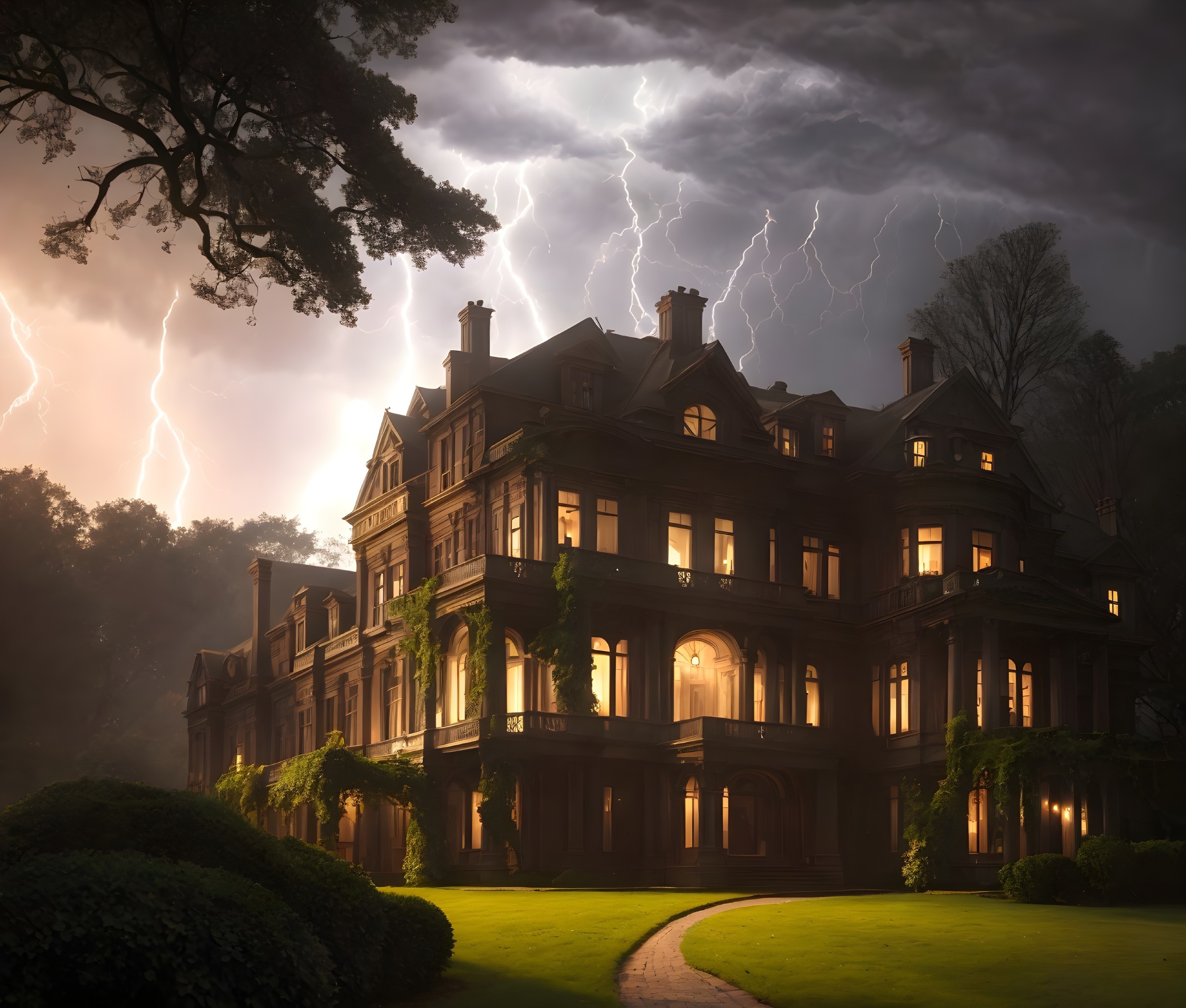 Victorian Mansion Surrounded by Stormy Skies and Greenery