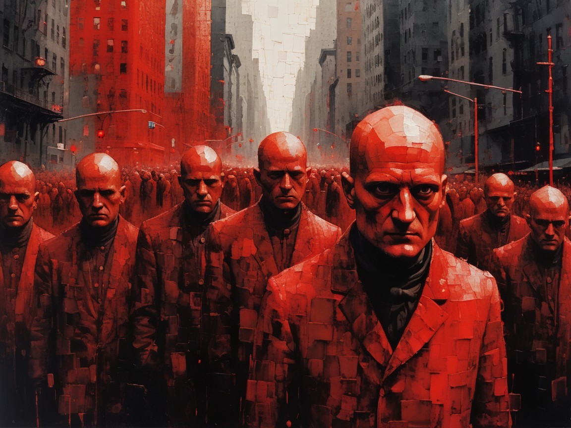 Monochromatic Cityscape with Identical Figures