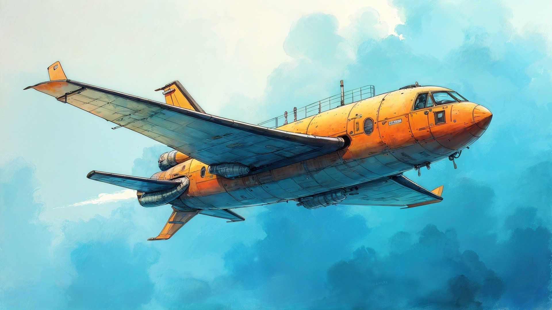 Vintage aircraft illustration in a bright blue sky