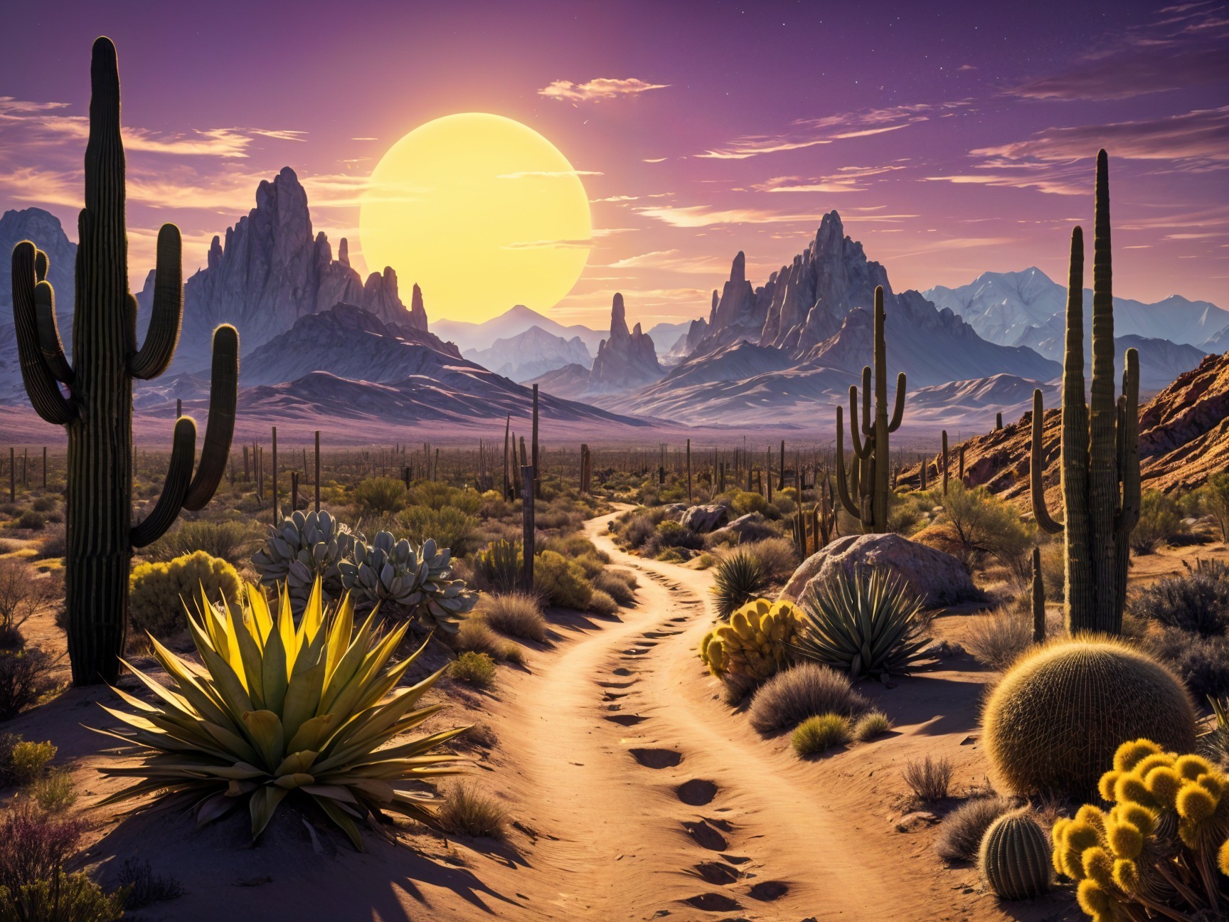 Serene Desert Landscape at Sunset with Cacti and Rocks