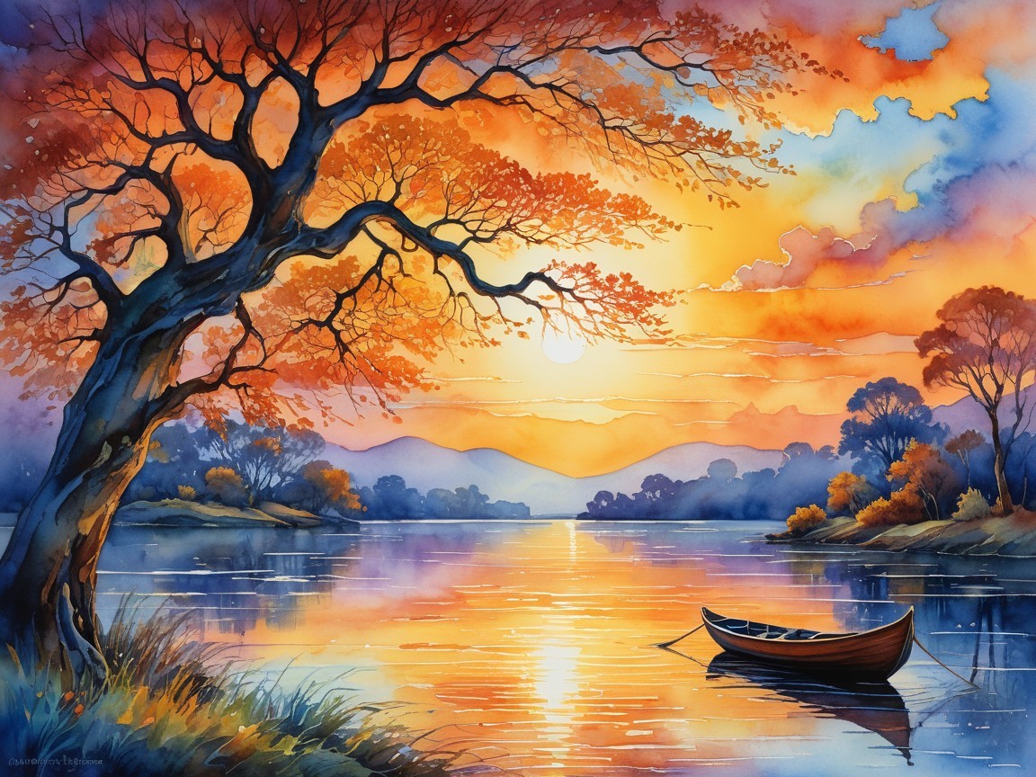 Autumn Sunset Over Serene Lake with Vibrant Colors